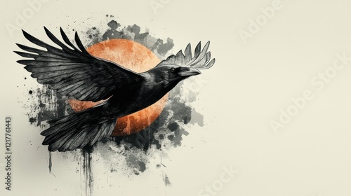 Flying raven silhouette, red moon background with abstract ink splatter for graphic use