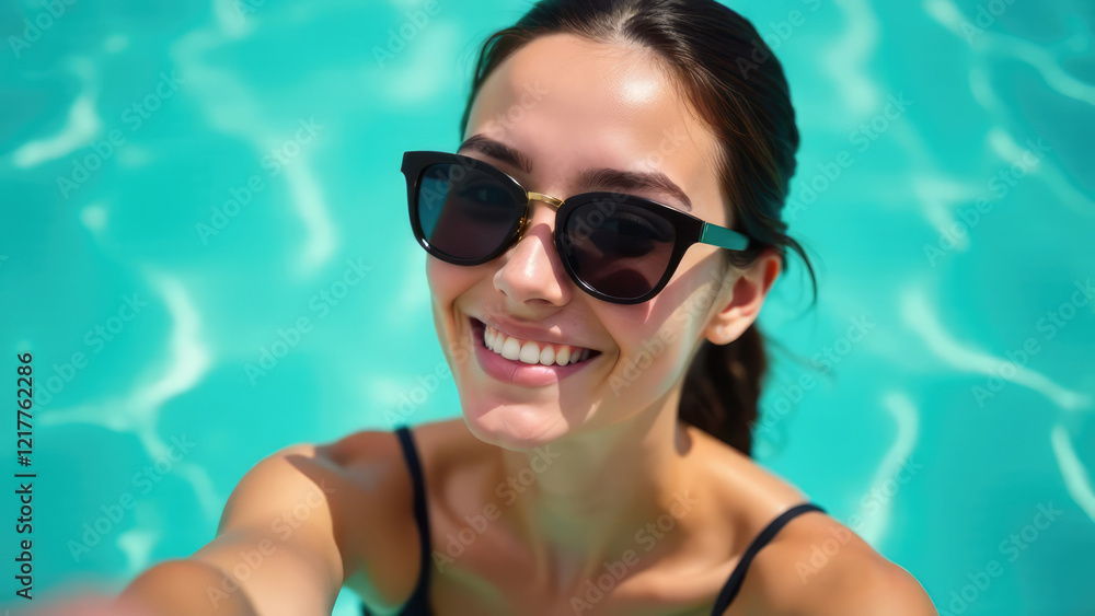 A smiling woman with sunglasses is in a swimming pool, possibly taking a selfie. Concept of summer joy. A smiling woman with sunglasses is in a swimming pool, possibly taking a selfie. Concept of summer joy.