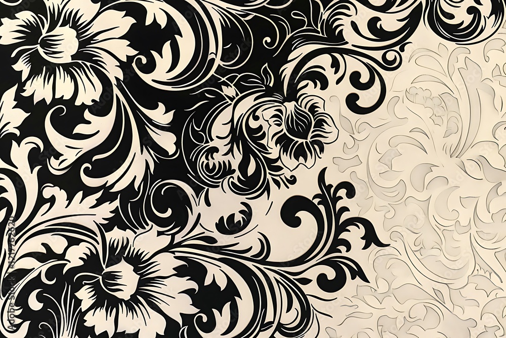 Intricate black and white damask pattern featuring floral motifs and swirling designs. A twotoned textile with contrasting textures and a vintage aesthetic. Intricate black and white damask pattern featuring floral motifs and swirling designs. A twotoned textile with contrasting textures and a vintage aesthetic.