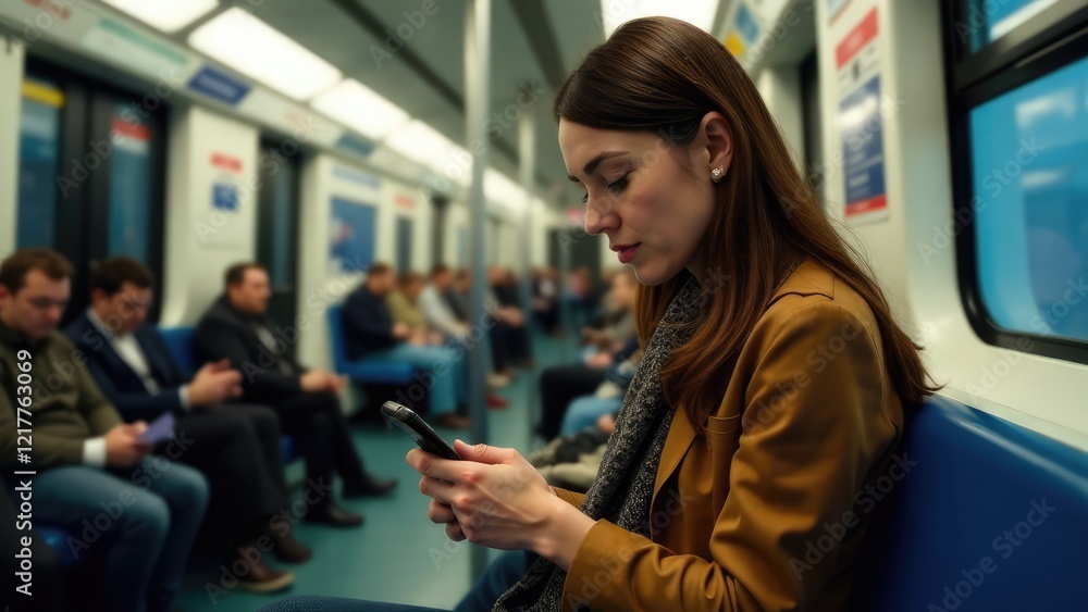 A woman is using a mobile phone while riding a subway train with other passengers in the background. Concept of mobile communication during commuting. A woman is using a mobile phone while riding a subway train with other passengers in the background. Concept of mobile communication during commuting.