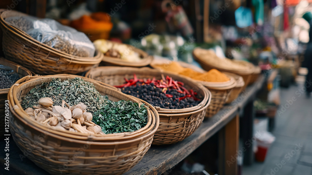 Fototapeta premium colorful spices and herbs in woven baskets at an asian market stall