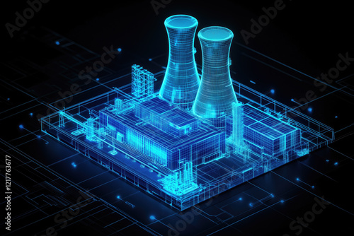 Detailed digital rendering of modern nuclear power plant with distinctive cooling towers and complex structure showcasing advanced design and technology.