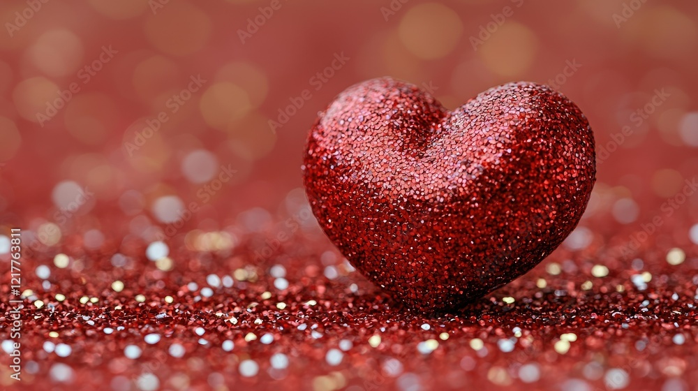 Fototapeta premium Red Glitter Heart on Sparkling Red Background