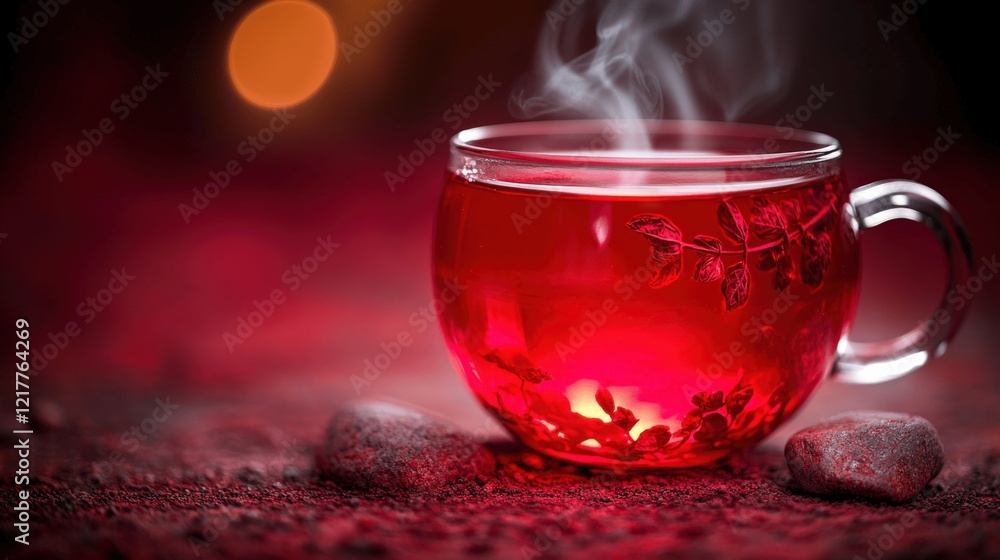 Steaming Red Herbal Tea in Glass Cup on Rustic Stone Surface with Warm Ambient Lighting – Perfect for Relaxation, Wellness, and Cozy Autumn Evenings Steaming Red Herbal Tea in Glass Cup on Rustic Stone Surface with Warm Ambient Lighting – Perfect for Relaxation, Wellness, and Cozy Autumn Evenings