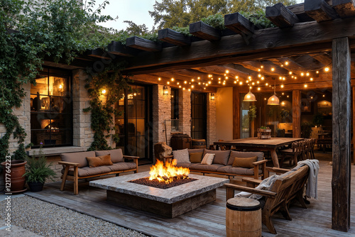 A fire pit sitting on top of a wooden deck next to a patio