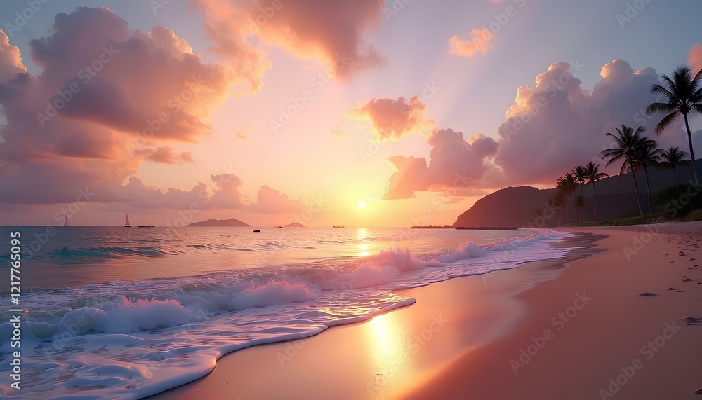 Naklejka premium Beautiful sunset on the beach in Seychelles, Mahe