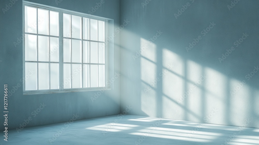 A serene, empty room with a large window casting soft light and shadows. A serene, empty room with a large window casting soft light and shadows.