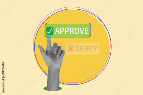 halftoon collage art.Businessmen point to tick correct sign mark in checkbox for approve  quality with Retro element, trendy sticker in Y2K style, vintage collage element.