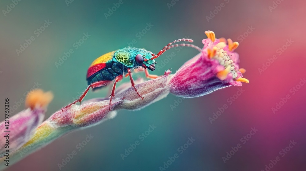 Fototapeta premium Colorful beetle on pink flower, macro shot, vibrant background, nature photography