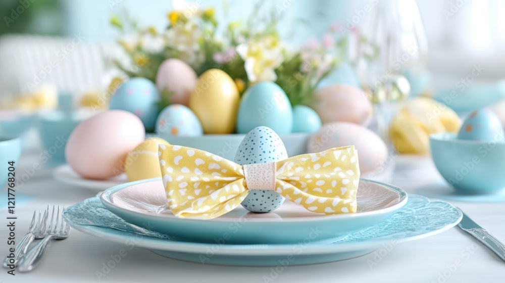 A decorative plate with a bow tie holds colorful eggs, symbolizing Easter celebrations and festivities. A decorative plate with a bow tie holds colorful eggs, symbolizing Easter celebrations and festivities.