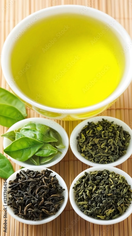 Green tea in bowl with loose leaf varieties. Green tea in bowl with loose leaf varieties.