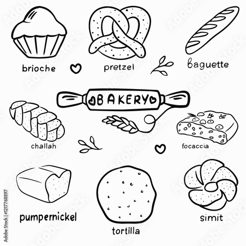 Vector set of different types of bread in doodle style with a skipping rope and lettering, bread of different nations, multinational cuisine: brioche, pretzel, baguette, focaccia, challah, tortilla