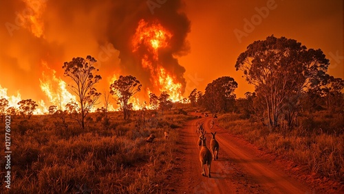 Dramatic Australian Outback wildfire scene with kangaroos fleeing photo