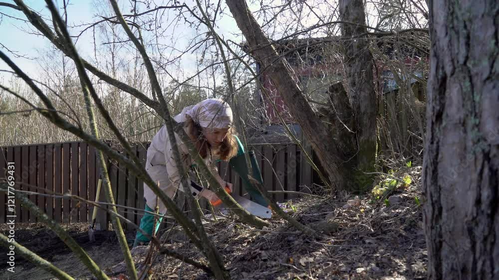 A woman pruning tree branches with a handsaw during spring gardening. Female gardener working carefully on a tree in a backyard. Seasonal gardening activities and sustainable yard care A woman pruning tree branches with a handsaw during spring gardening. Female gardener working carefully on a tree in a backyard. Seasonal gardening activities and sustainable yard care