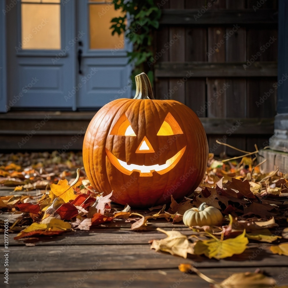 Obraz premium Pumpkin with a carved face, Halloween pumpkin, holiday symbol, Halloween, autumn landscape, autumn holiday, pumpkin on the doorstep