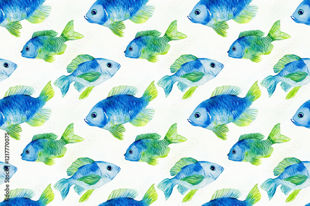 Obraz premium Seamless blue and green fish watercolor pattern