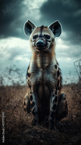 hyena standing on a savanna, intense gaze, vibrant natural surroundings, dramatic and wild atmosphere, bold and engaging composition photo