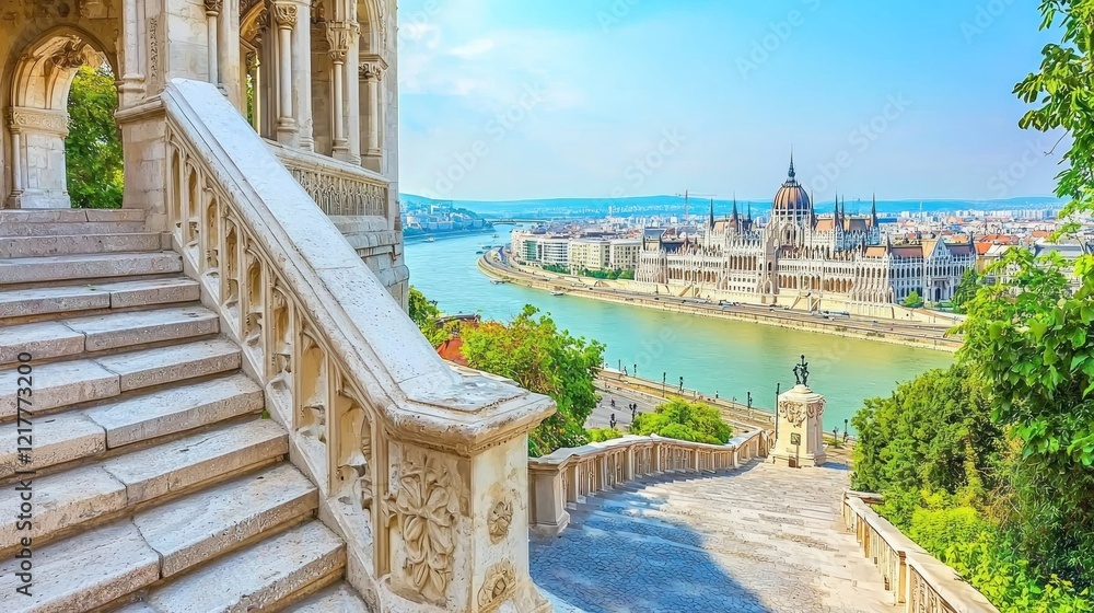 Fototapeta premium Budapest stairs, panoramic city view, river, summer