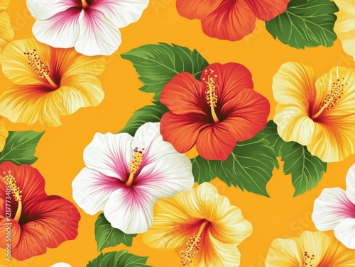 Seamless Multi-colored Hibiscus Pattern