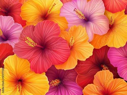 Wallpaper Mural Seamless Multi-colored Hibiscus Pattern Torontodigital.ca