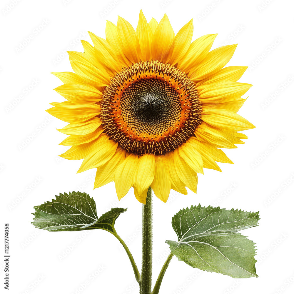 Obraz premium Bright sunflower with green leaves isolated on a transparent background showcasing its vibrant petals and detailed center, Sunflower, isolated, transparent backgroundGenerative IA