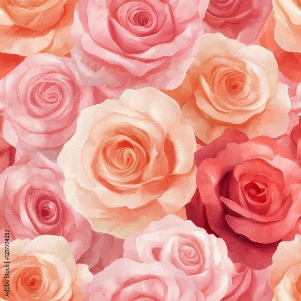 A Seamless Pattern of Pink and Peach Roses with Gray Leaves on a Light Pink Background A Seamless Pattern of Pink and Peach Roses with Gray Leaves on a Light Pink Background