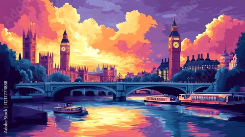 Colorful Sunset Over the River Thames Highlighting Big Ben and Iconic London Skyline With Boats