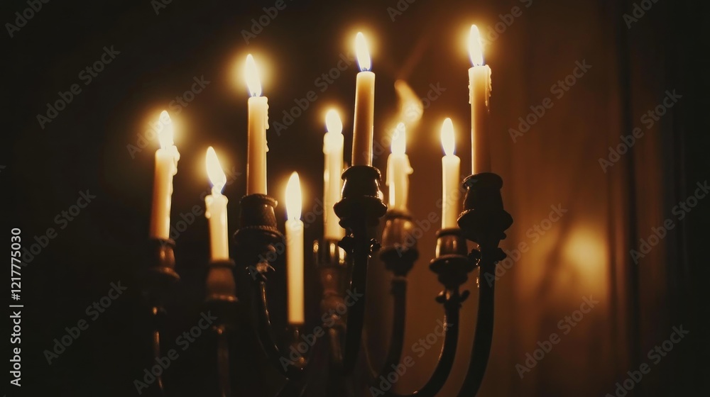 A close-up of a candelabrum with multiple lit candles, creating a warm, atmospheric glow.
