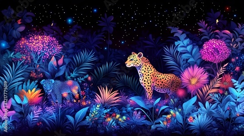 Vibrant Jungle Scene Featuring Two Leopards Surrounded by Colorful Flora at Night With a Starry Sky Above