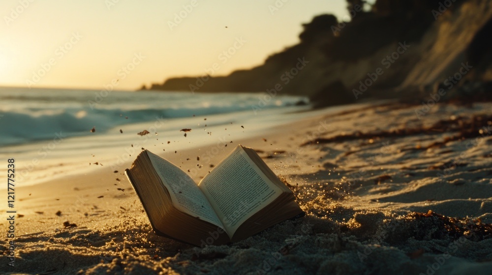 An open book resting on a beach at sunset, with waves gently lapping at the shore. An open book resting on a beach at sunset, with waves gently lapping at the shore.
