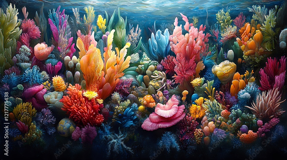 Obraz premium Vibrant Underwater Coral Reef Teeming With Colorful Marine Life and Diverse Coral Species in a Sunlit Ocean Environment