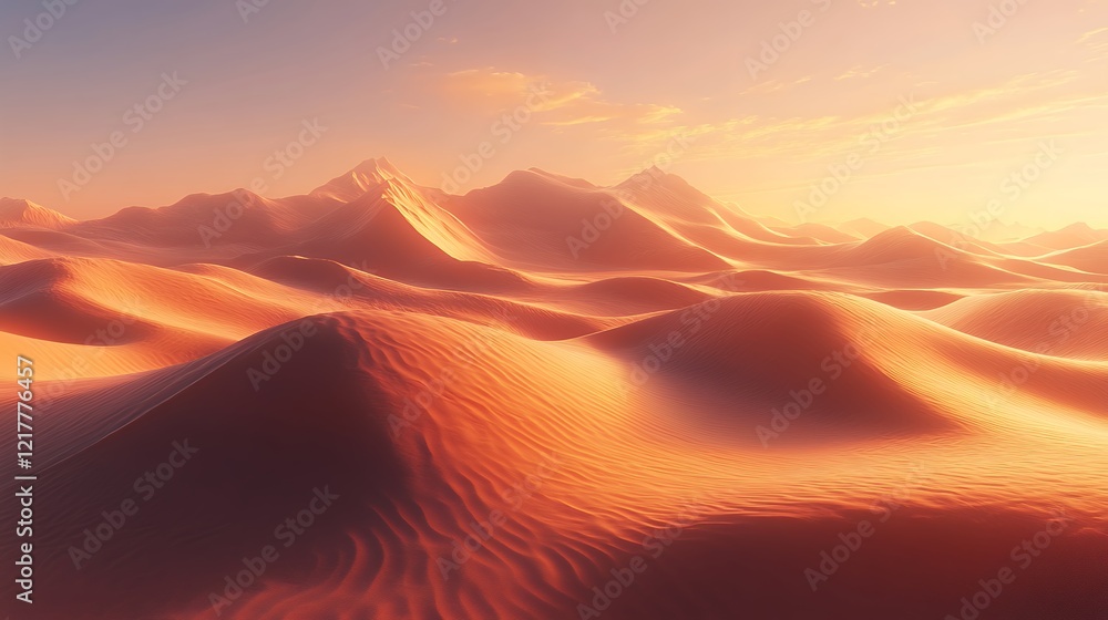 Vast Desert Landscape With Rolling Sand Dunes Under a Warm Sunrise Sky Creating a Serene Atmosphere at Dawn Vast Desert Landscape With Rolling Sand Dunes Under a Warm Sunrise Sky Creating a Serene Atmosphere at Dawn