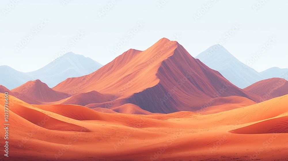 Naklejka premium Stunning View of Orange Sand Dunes and Majestic Mountains at Sunset Showcasing Natural Beauty and Serenity in a Desert Landscape