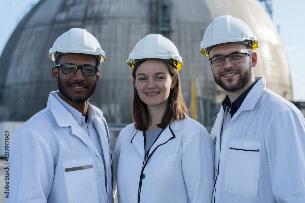 Group of three engineers posing with hard hats at an industrial site, demonstrating safety equipment and teamwork. Smiling professionals posing outdoors in front of industrial structures Group of three engineers posing with hard hats at an industrial site, demonstrating safety equipment and teamwork. Smiling professionals posing outdoors in front of industrial structures