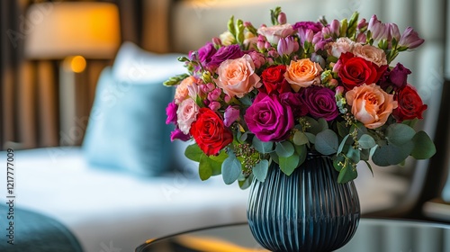 Beautiful Floral Arrangement Displayed in a Stylish Vase on a Table With a Blurred Hotel Room Background, Capturing a Cozy and Elegant Atmosphere During the Evening