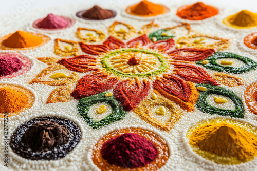 Colorful floral rangoli design with vibrant powders photo