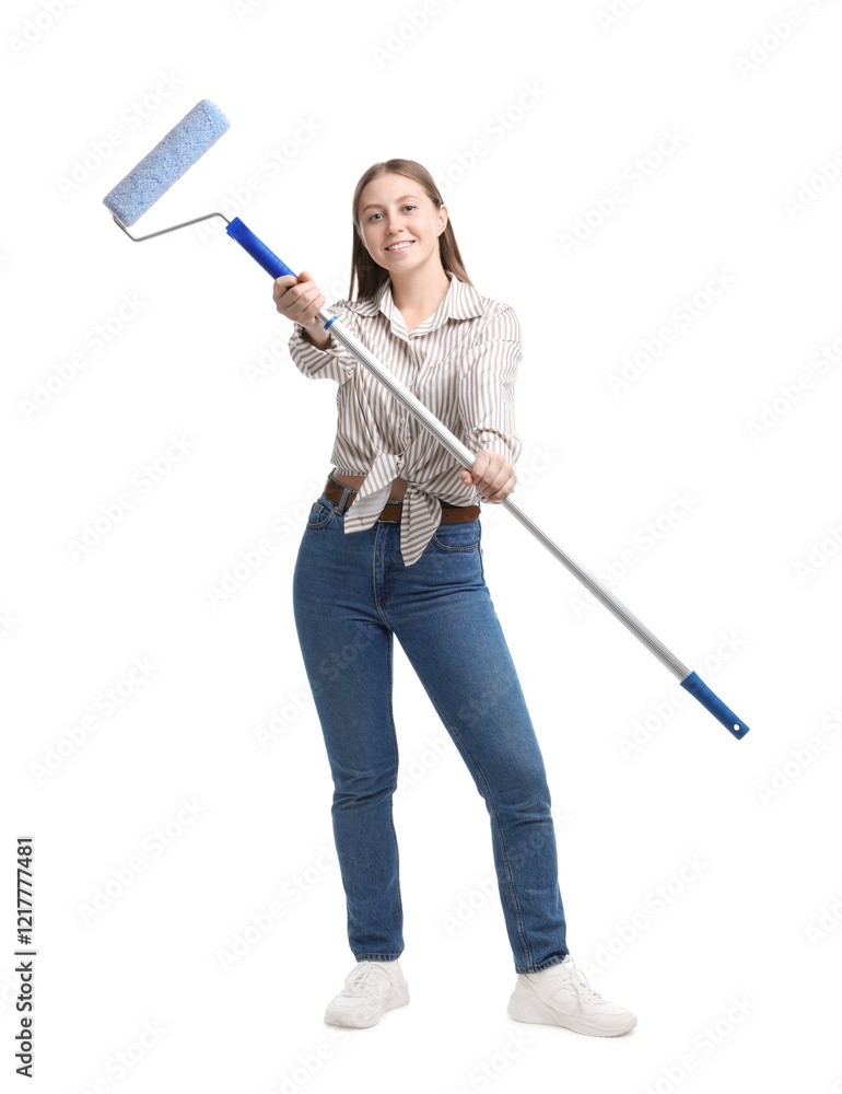 Woman with paint roller on white background Woman with paint roller on white background