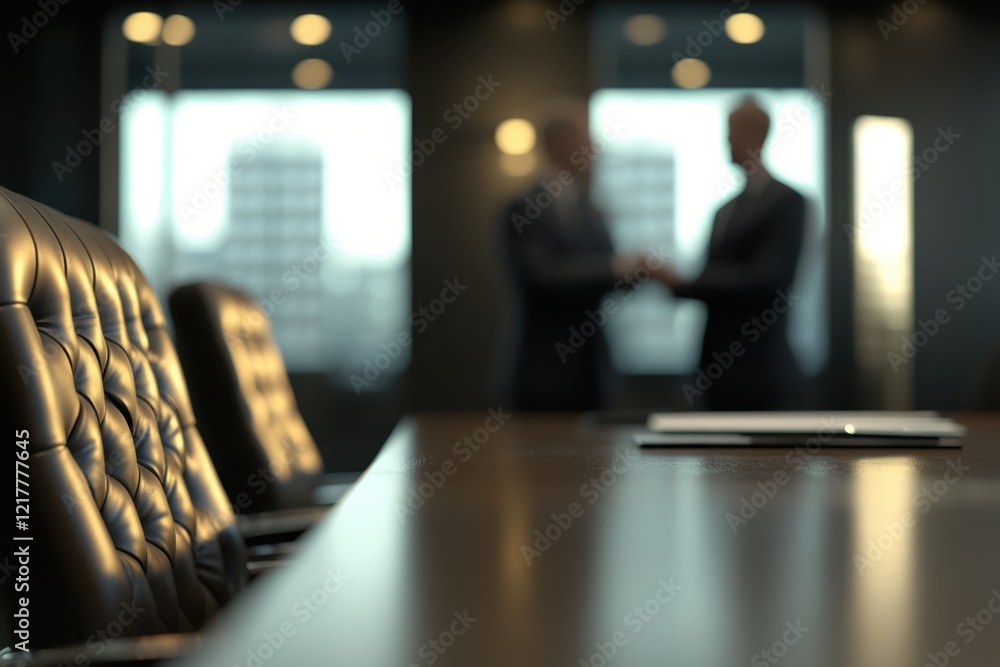 Close-up of an empty conference table with leather chairs in the background Two men wearing suits are talking to each other, blurred out of focus, in an office setting Generative AI Close-up of an empty conference table with leather chairs in the background Two men wearing suits are talking to each other, blurred out of focus, in an office setting Generative AI