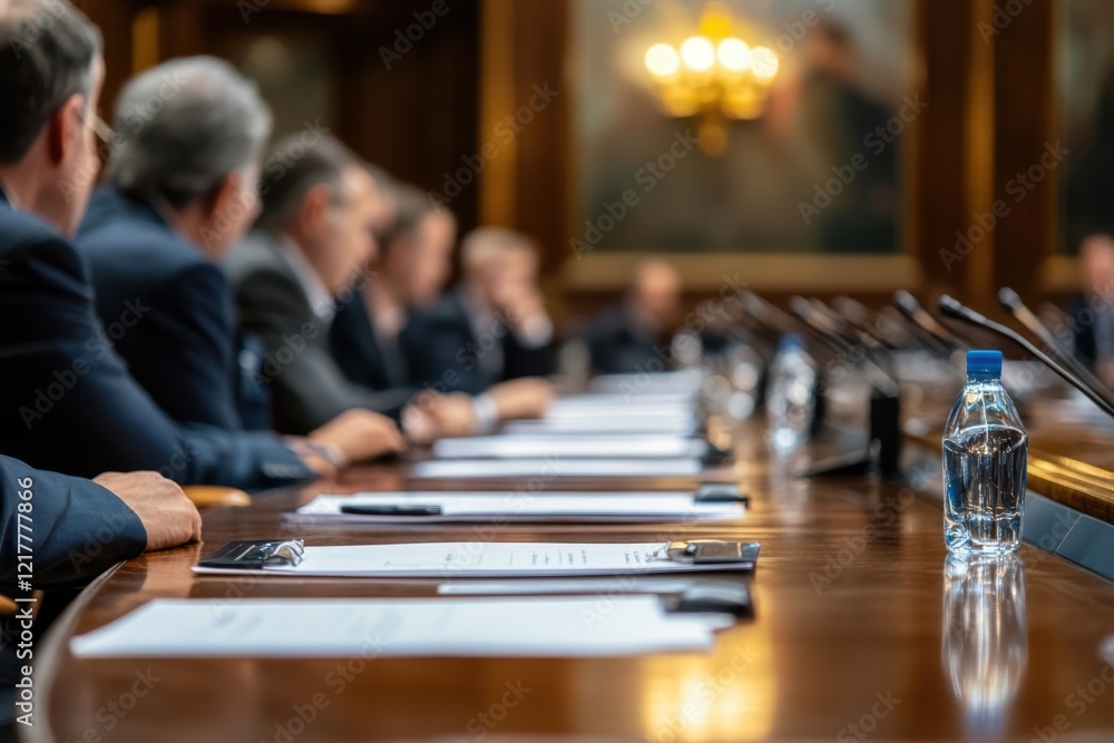 Obraz premium A close-up of the boardroom table with two men in suits engaged in conversation, surrounded by leather chairs and white papers on each seat Generative AI