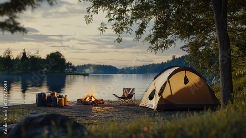 Wallpaper Mural Festive family camping scene. Featuring a cozy tent setup with camping equipment by a lakeside. Highlighting outdoor leisure and family bonding. Ideal for travel brochures. Torontodigital.ca