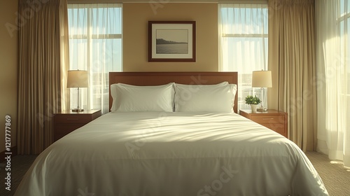 Wallpaper Mural Cozy and Inviting Hotel Bedroom Featuring Large Windows and Soft Natural Light in a Modern Urban Setting Torontodigital.ca