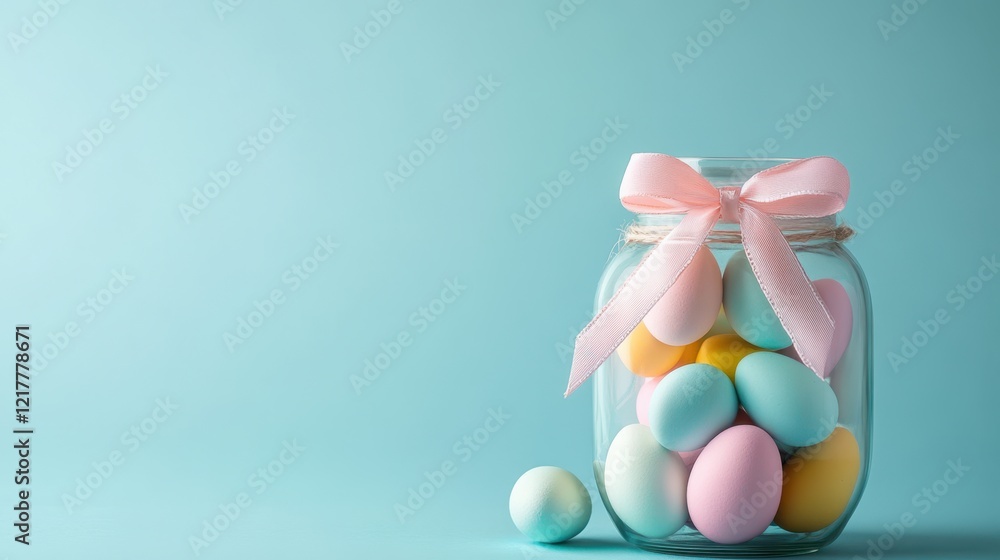 A jar brimming with vibrant eggs adorned by a charming pink bow, perfect for celebrating Easter festivities. A jar brimming with vibrant eggs adorned by a charming pink bow, perfect for celebrating Easter festivities.
