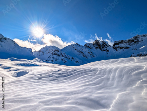 Ski slopes and mountains, Melchsee-Frutt mountain resort village, Switzerland photo