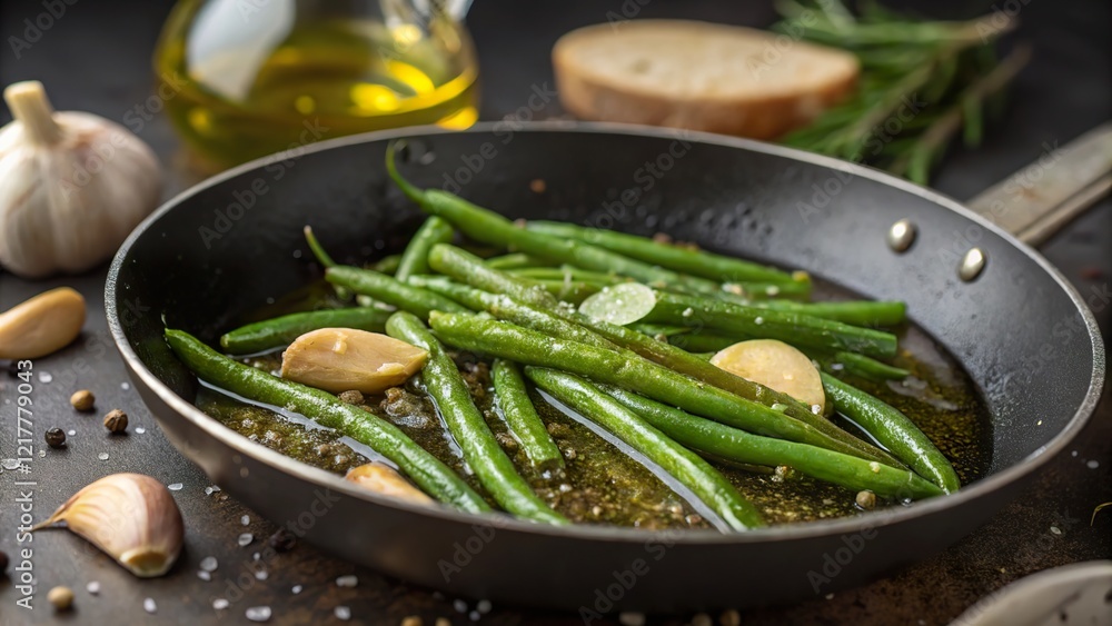 Close up of fresh green beans being sautéed with garlic in a pan, capturing the rich colors and textures of a vibrant, healthy dish being prepared in a kitchen setting Close up of fresh green beans being sautéed with garlic in a pan, capturing the rich colors and textures of a vibrant, healthy dish being prepared in a kitchen setting