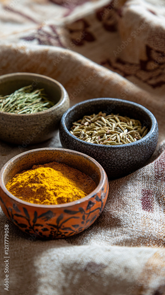 yellow turmeric spices on rustic fabric background yellow turmeric spices on rustic fabric background