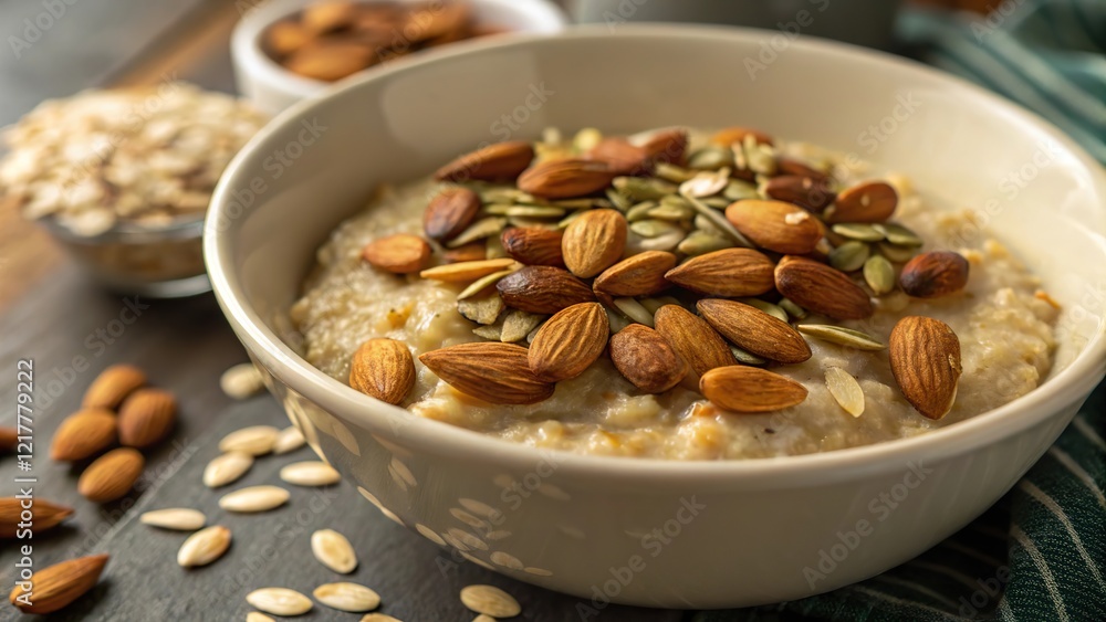 Close up view captures the texture of raw sunflower seeds and crushed almonds, highlighting natural ingredients and healthy options in a bowl Close up view captures the texture of raw sunflower seeds and crushed almonds, highlighting natural ingredients and healthy options in a bowl