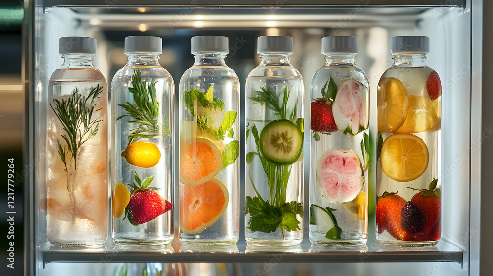A chic fridge displaying vitamin-infused waters and fruit blends in glass bottles with vibrant labels. A chic fridge displaying vitamin-infused waters and fruit blends in glass bottles with vibrant labels.
