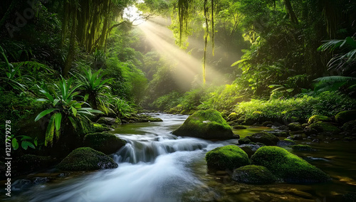 Beautiful, dense jungle with mossy trees and lush green grass