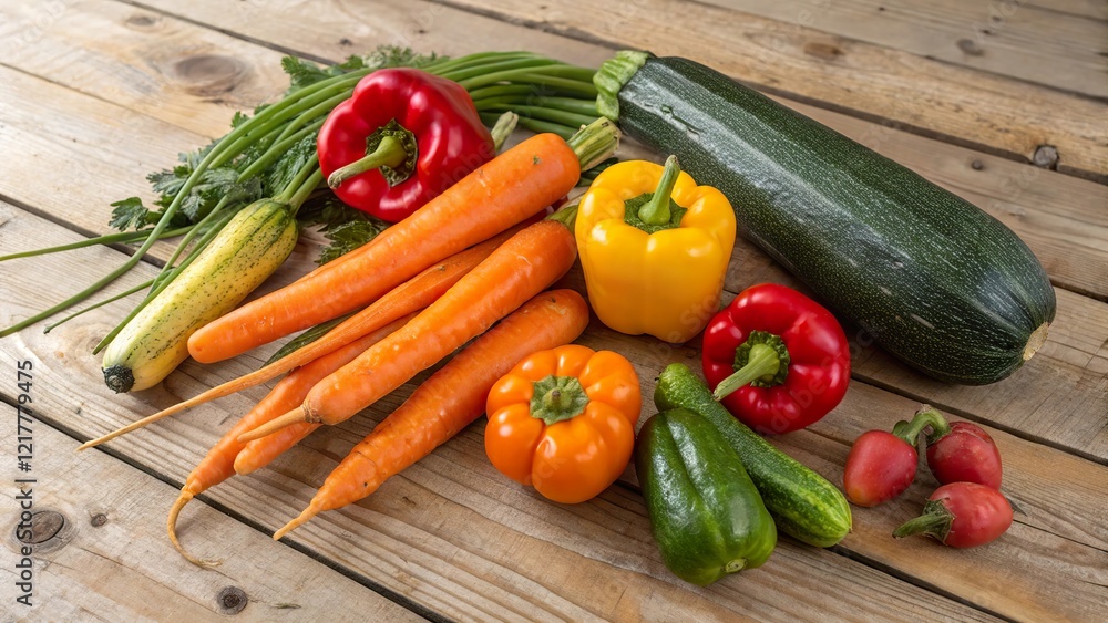 Colorful arrangement of mixed vegetables including carrots, bell peppers, zucchini, and radishes on a wooden table in a kitchen setting Colorful arrangement of mixed vegetables including carrots, bell peppers, zucchini, and radishes on a wooden table in a kitchen setting