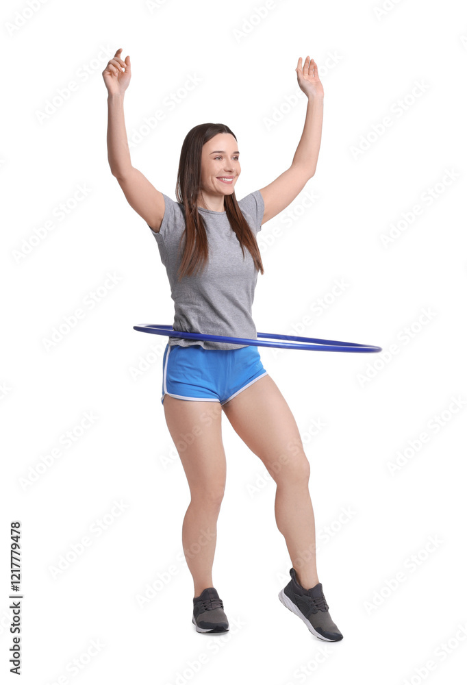 Smiling woman training with hula hoop on white background Smiling woman training with hula hoop on white background